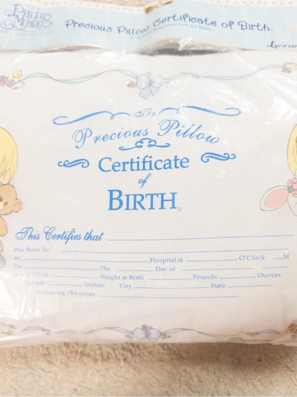 Vintage 90s Precious Moments Certificate of Birth Baby Pillow NWT